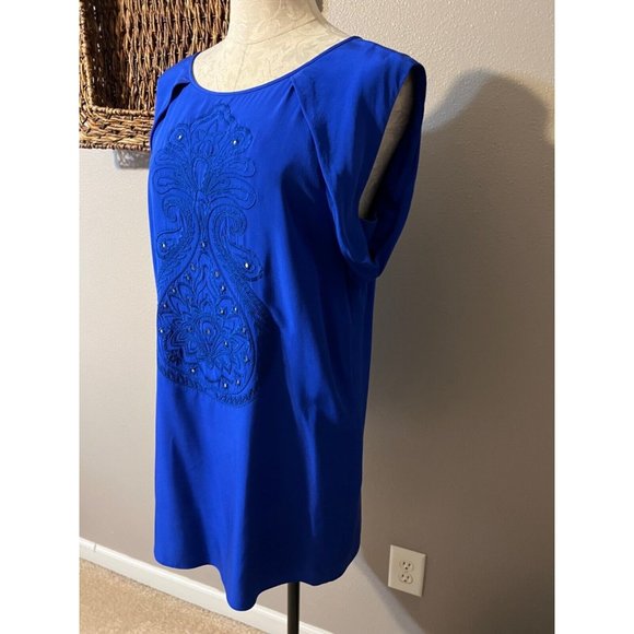 Anthropologie TIBI Dress Cobalt Blue 8 Silk Beaded Shift Short Sleeve V Back - Picture 6 of 10